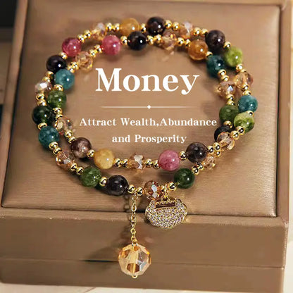 High-End Double Layer Rainbow Tourmaline Beads money Bracelet – Longevity Lock Charm