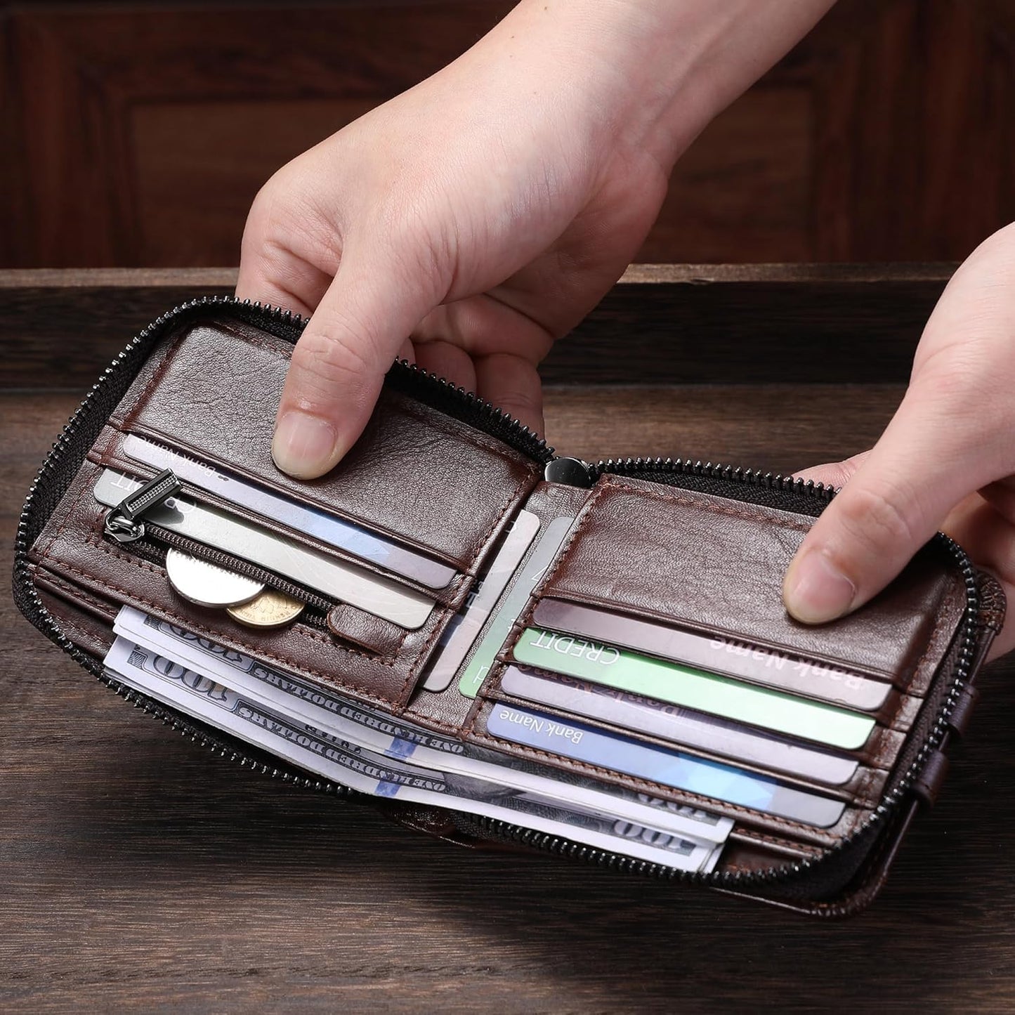 Men's Genuine Leather Multifunctional Short Zip Wallet