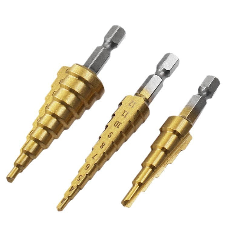 3-Piece Step Drill Bit Set, 1/4" Hex Shank Quick Change High Speed Steel Titanium Coated Drill Bits for Plastic