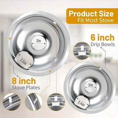 4 Pack Chrome Drip Pans,Include 2 Pcs 6'' Range Replacement Drip Pans and 2 Pcs 8 '' Cooktop Drip Pans