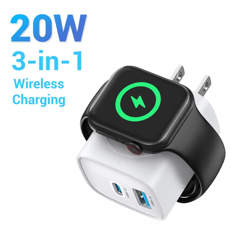 3-in-1 Magnetic Wireless Cordless PD USB-C Wall Charger Block - 20W Fast Charging