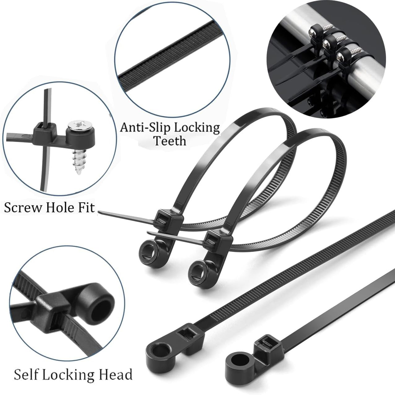 50 Pcs 5.9 Inch Nylon Zip Ties with Screw Holes with  50 Pcs White M4 x 30 Stainless Steel Screws