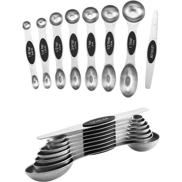 8Pcs Stainless Steel Magnetic Measuring Spoons Set of 8 with Leveler, Dual Sided Metal Tablespoon Measuring Spoons