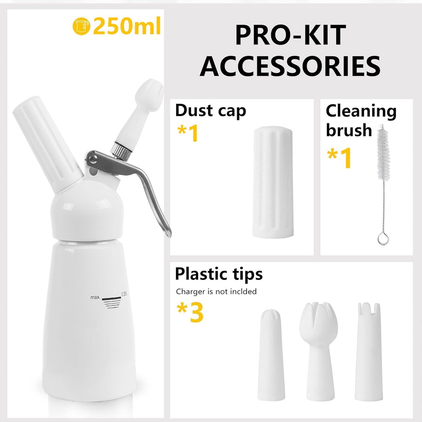 Cream Dispenser For All Cold Applications With 3 Decorating Nozzles & 1 Cleaning Brush