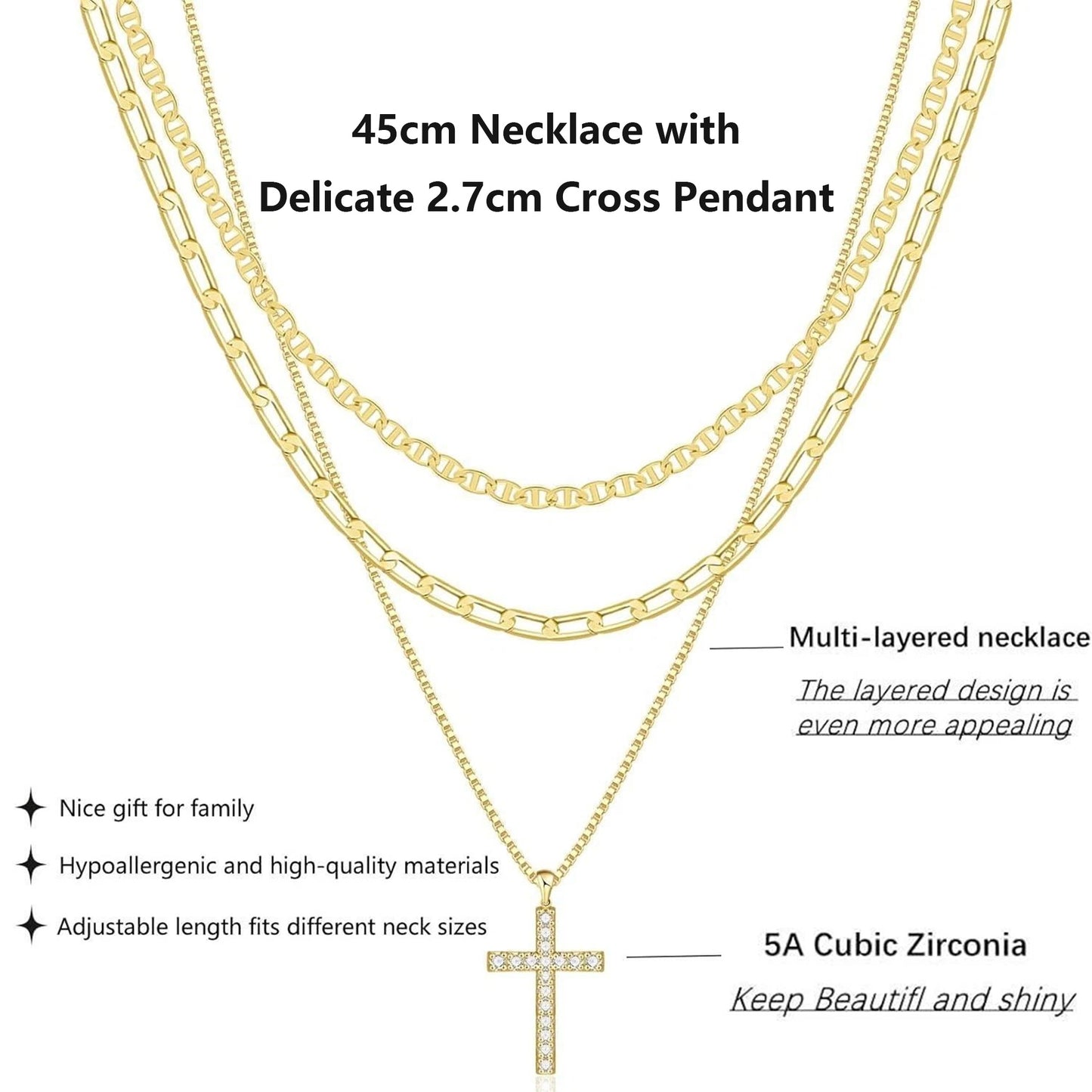 Stackable Gold & Silver Cross Pendant Chokers, Trendy 3-Layer Gift