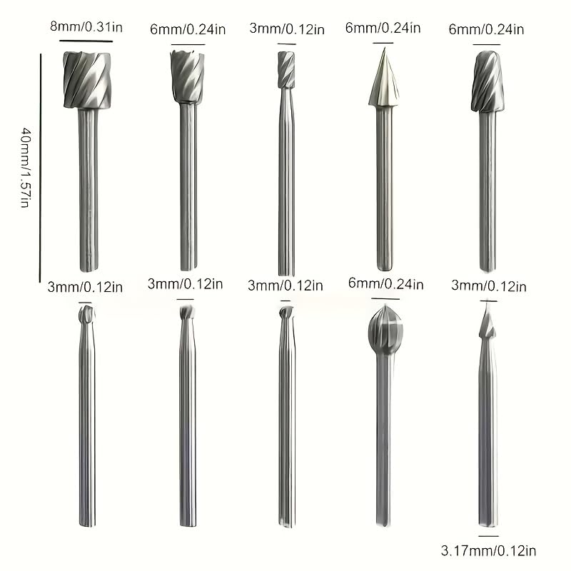 20pcs High-Speed Steel Rotating Burrs Knife Set | 10 Kinds of Cutter Head Shape Carving Grinding Head 1/8 "Shank