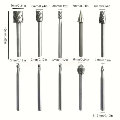20pcs High-Speed Steel Rotating Burrs Knife Set | 10 Kinds of Cutter Head Shape Carving Grinding Head 1/8 "Shank