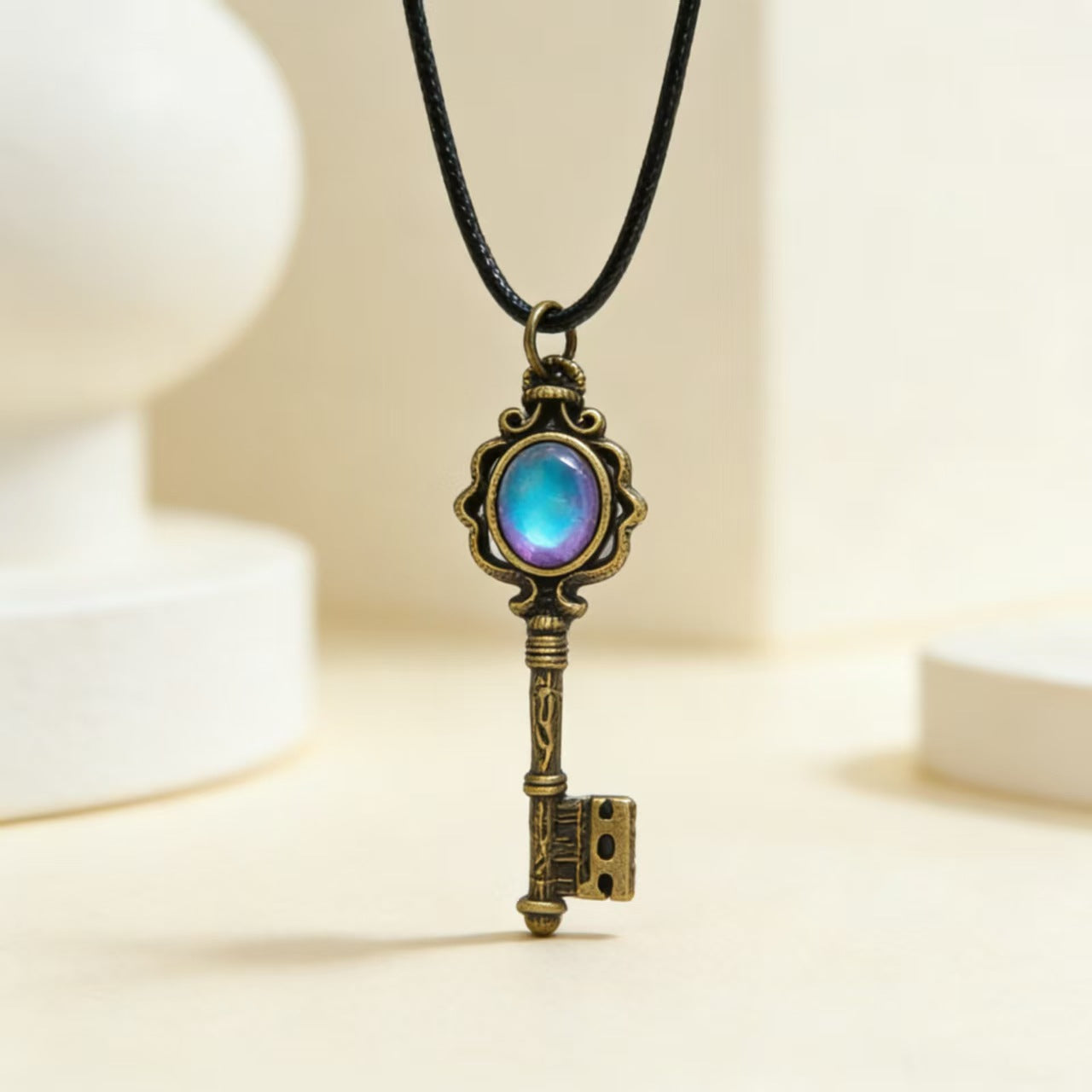 Moonstone Hecate Key Pendant Neckalce With Cord Chain