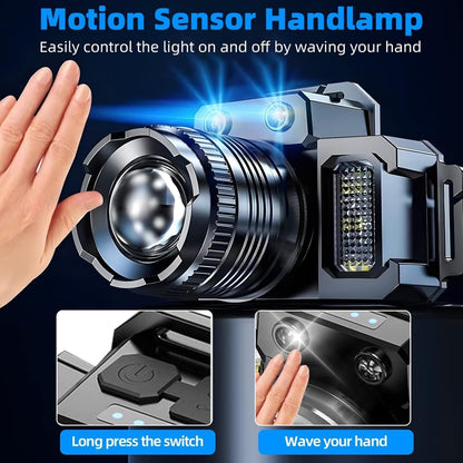Rechargeable Head Lamp LED, Super Bright Motion Sensor Head Light with Red/White/Blue Light