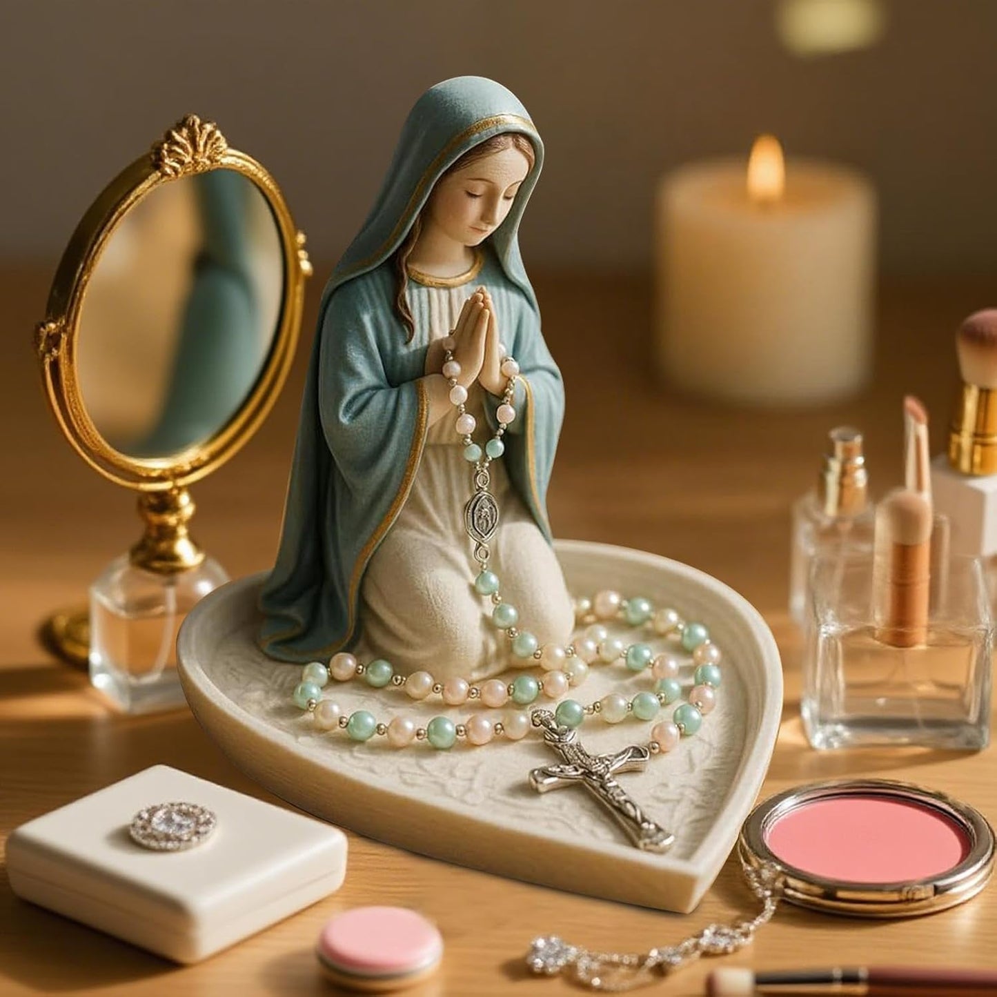 Virgin Mary Rosary Holder, White Resin Catholic Rosary Box with Cross Design for Home Altar