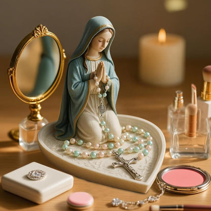 Virgin Mary Rosary Holder, White Resin Catholic Rosary Box with Cross Design for Home Altar