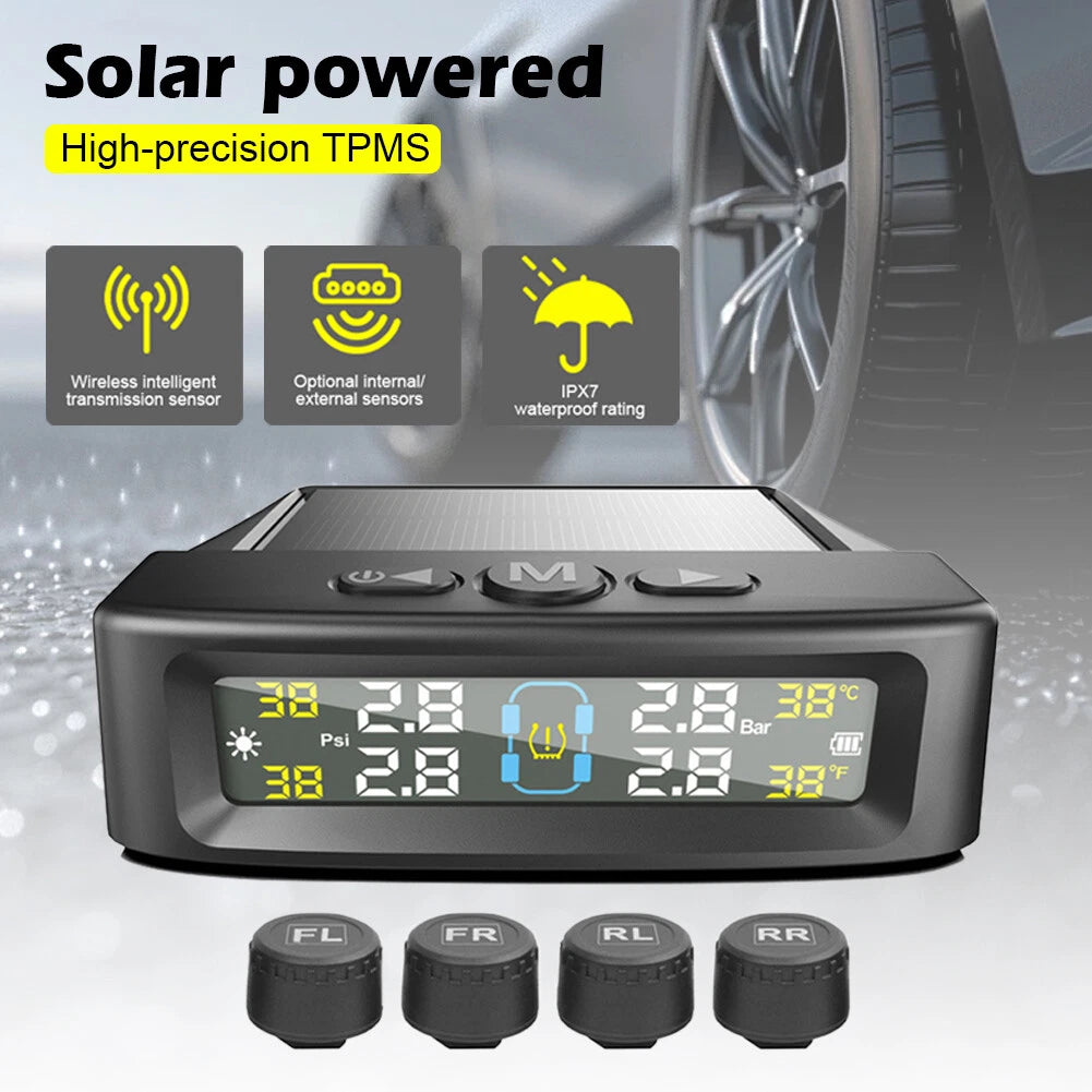 Tire Pressure Monitoring System with 4 Sensors Solar and USB Charging LCD Display