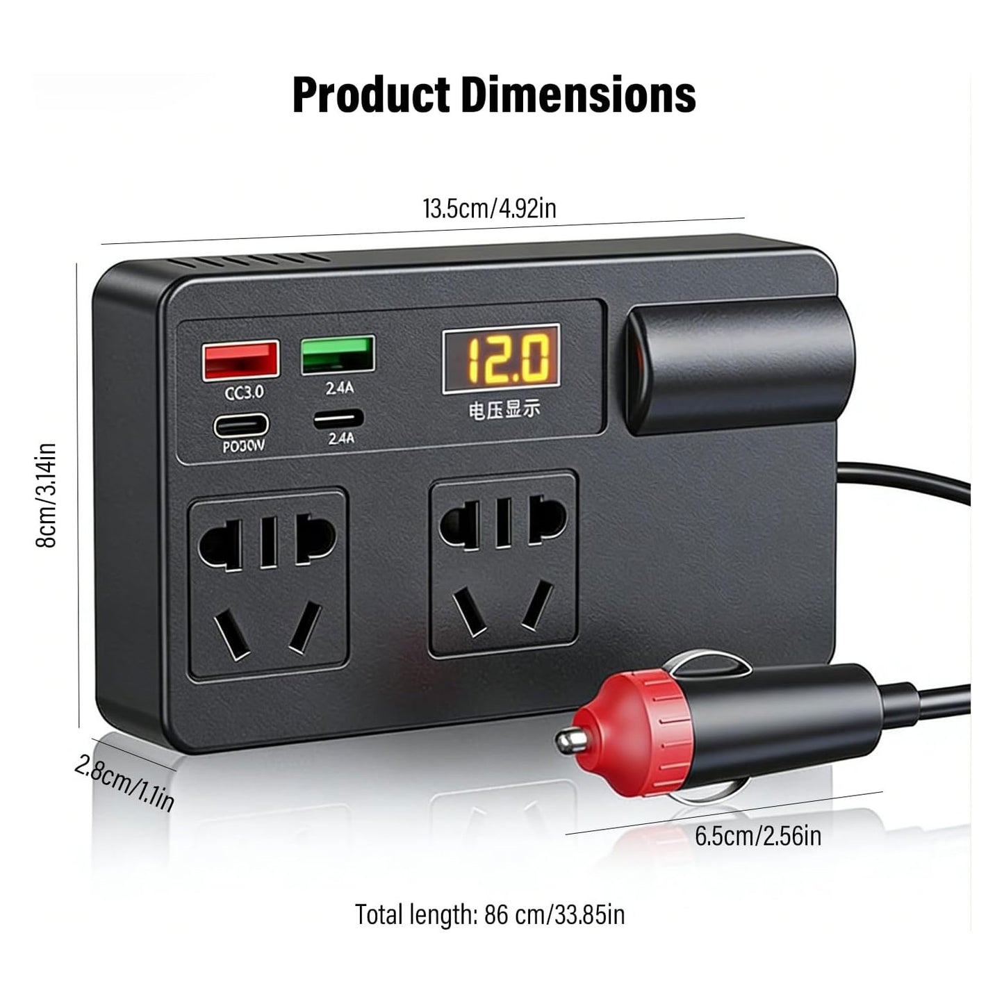 Portable Car Inverter, 12V/24V to 220V with Digital Display