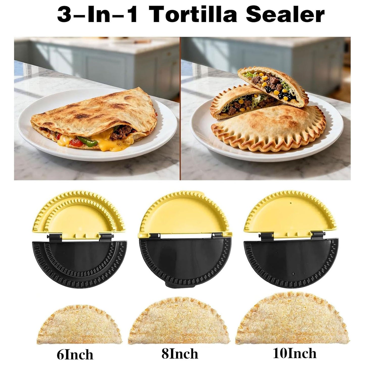 3-in-1 BPA-Free Tacos Tortilla Crimper Maker - Adjustable Size, For 6"-8-10" Crust