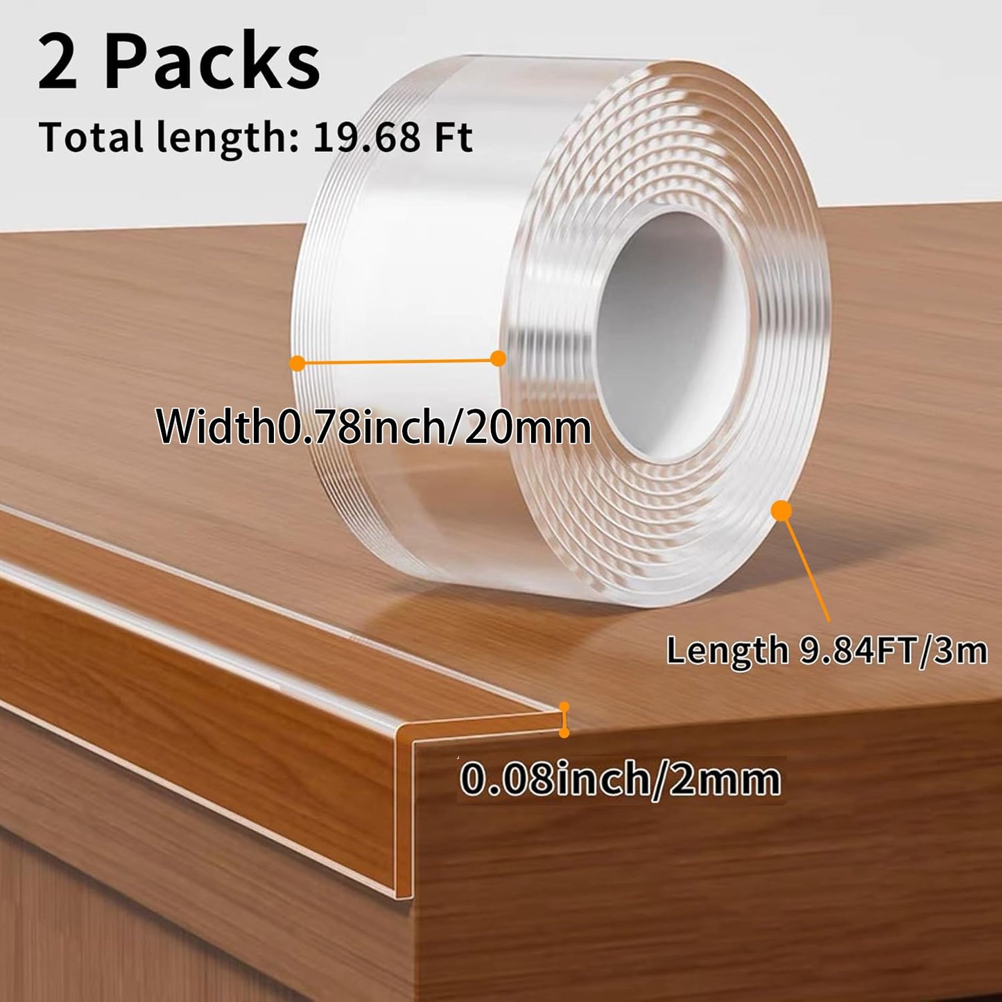 2 Rolls Nano Double Sided Tape, 0.78in x9.84 Feet Removable No Residue, Waterproof Multipurpose Tape