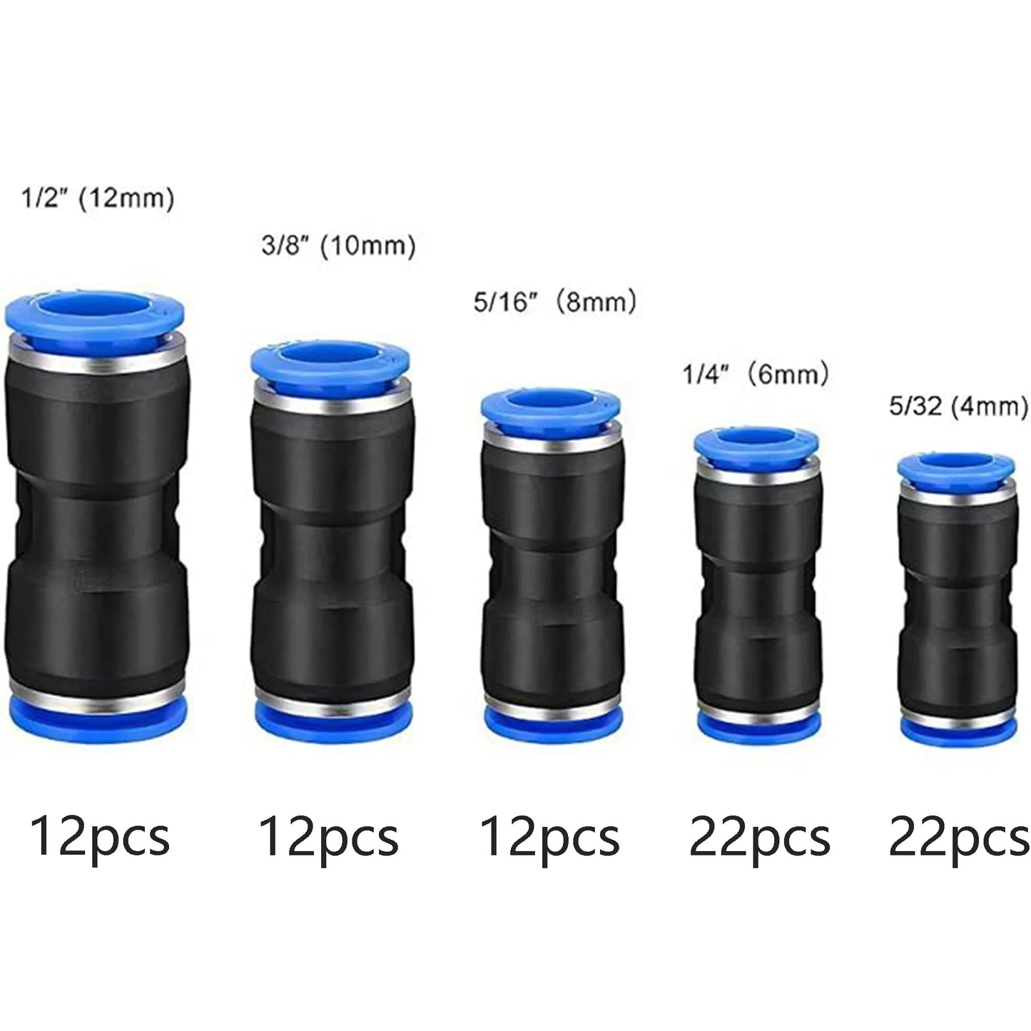 80Pcs Quick Connect Air Hose Fittings 5/32" 1/4" 5/16" 3/8" 1/2" inch Straight Push to Connect Fittings Kit