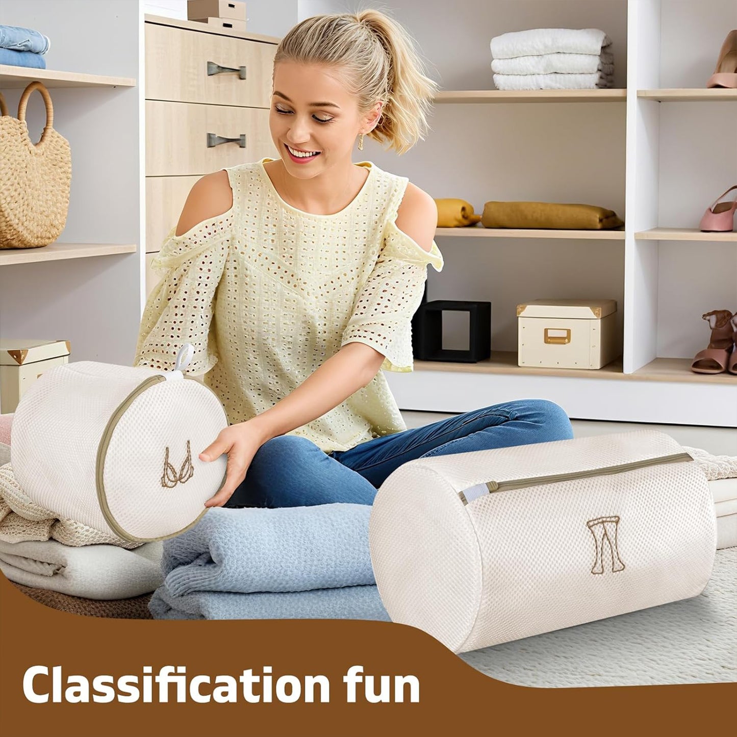 Embroidered laundry bag set (4 pieces), machine washable, anti-deformation and protective mesh bags