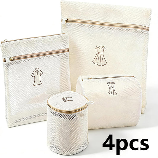Embroidered laundry bag set (4 pieces), machine washable, anti-deformation and protective mesh bags