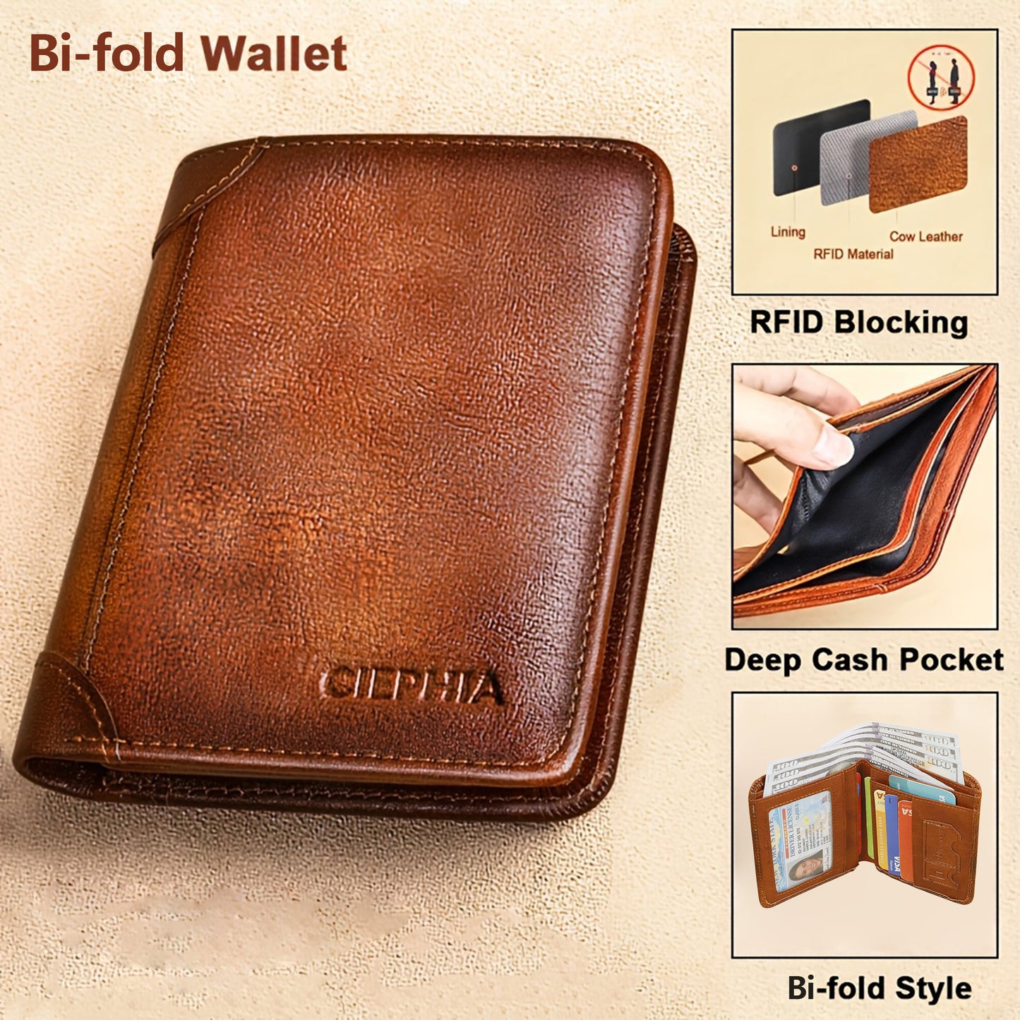 Men's Vintage Genuine Leather Bi-Fold Wallet with RFID Blocking