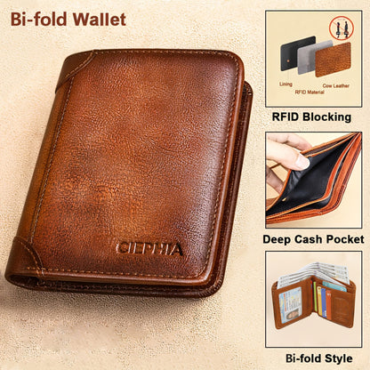 Men's Vintage Genuine Leather Bi-Fold Wallet with RFID Blocking