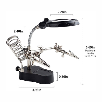 Soldering aid with magnifying glass and LED light stand