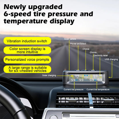 Tire Pressure Monitoring System with 4 Sensors Solar and USB Charging LCD Display