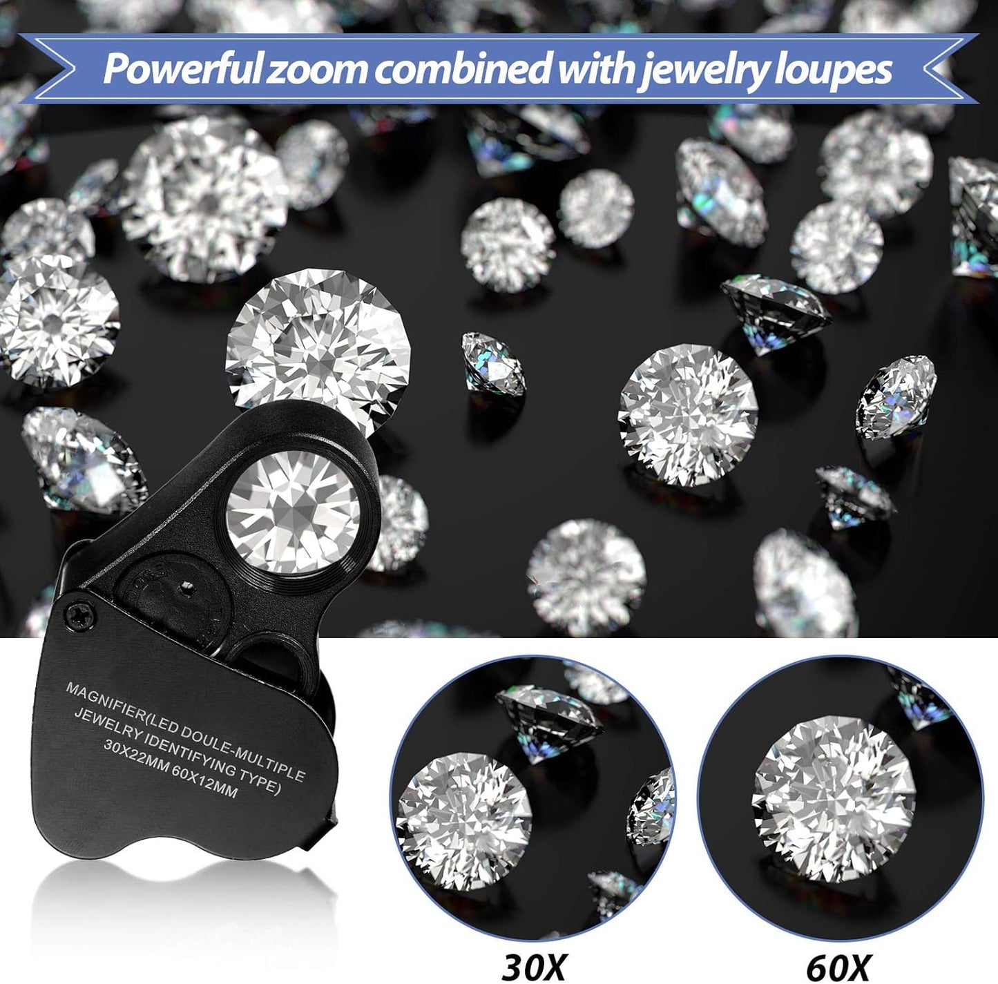 LED Jewelry Loupe 30x 60x Magnifying Glass with Light