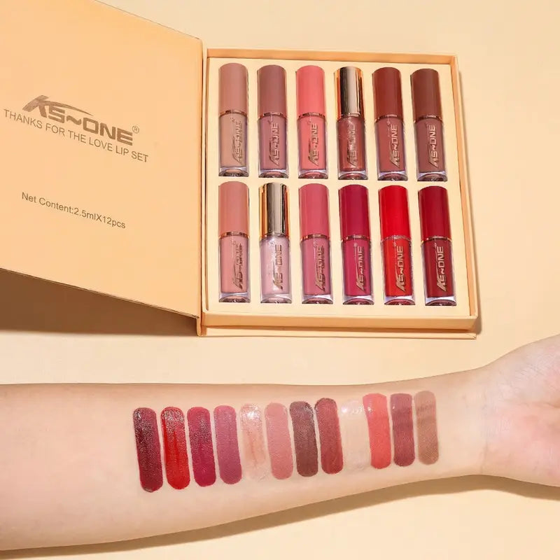 12-Color Liquid Lipstick Gift Set – Matte Pearlescent Finish