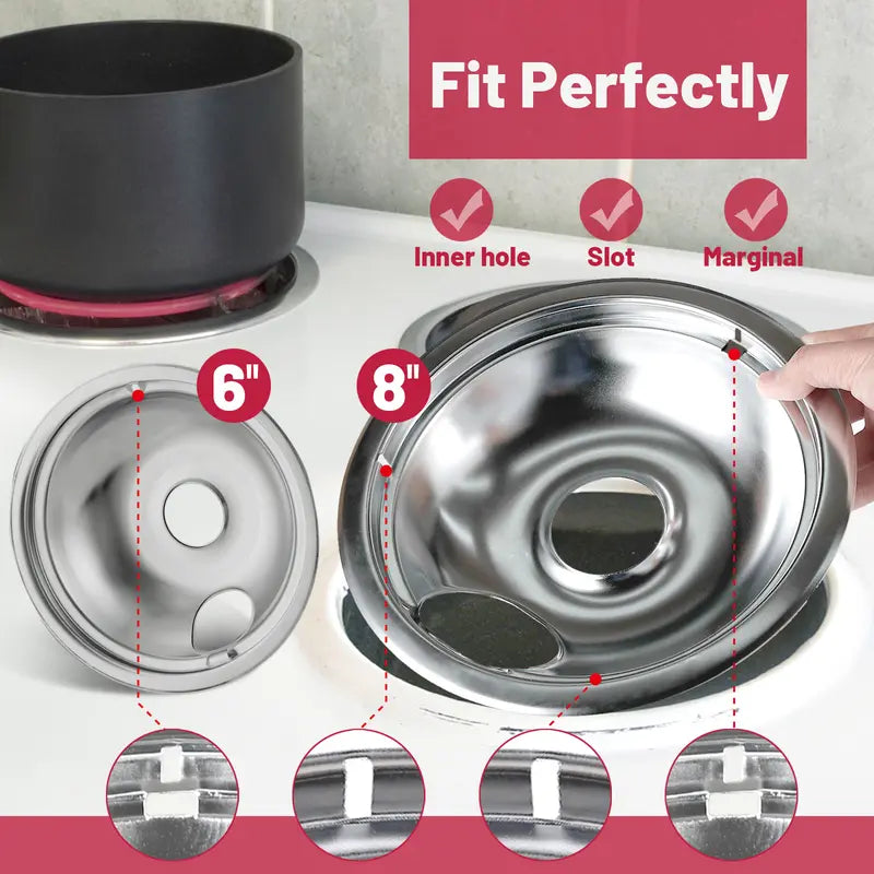 4 Pack Chrome Drip Pans,Include 2 Pcs 6'' Range Replacement Drip Pans and 2 Pcs 8 '' Cooktop Drip Pans