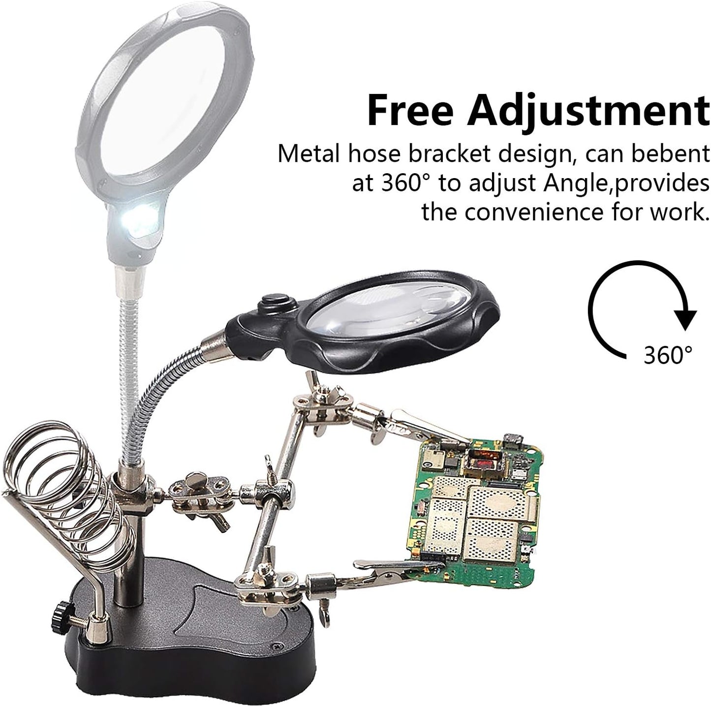 Soldering aid with magnifying glass and LED light stand