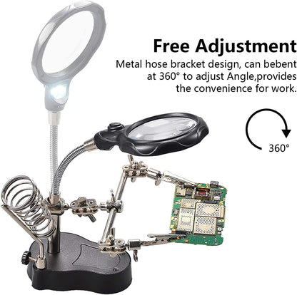 Soldering aid with magnifying glass and LED light stand