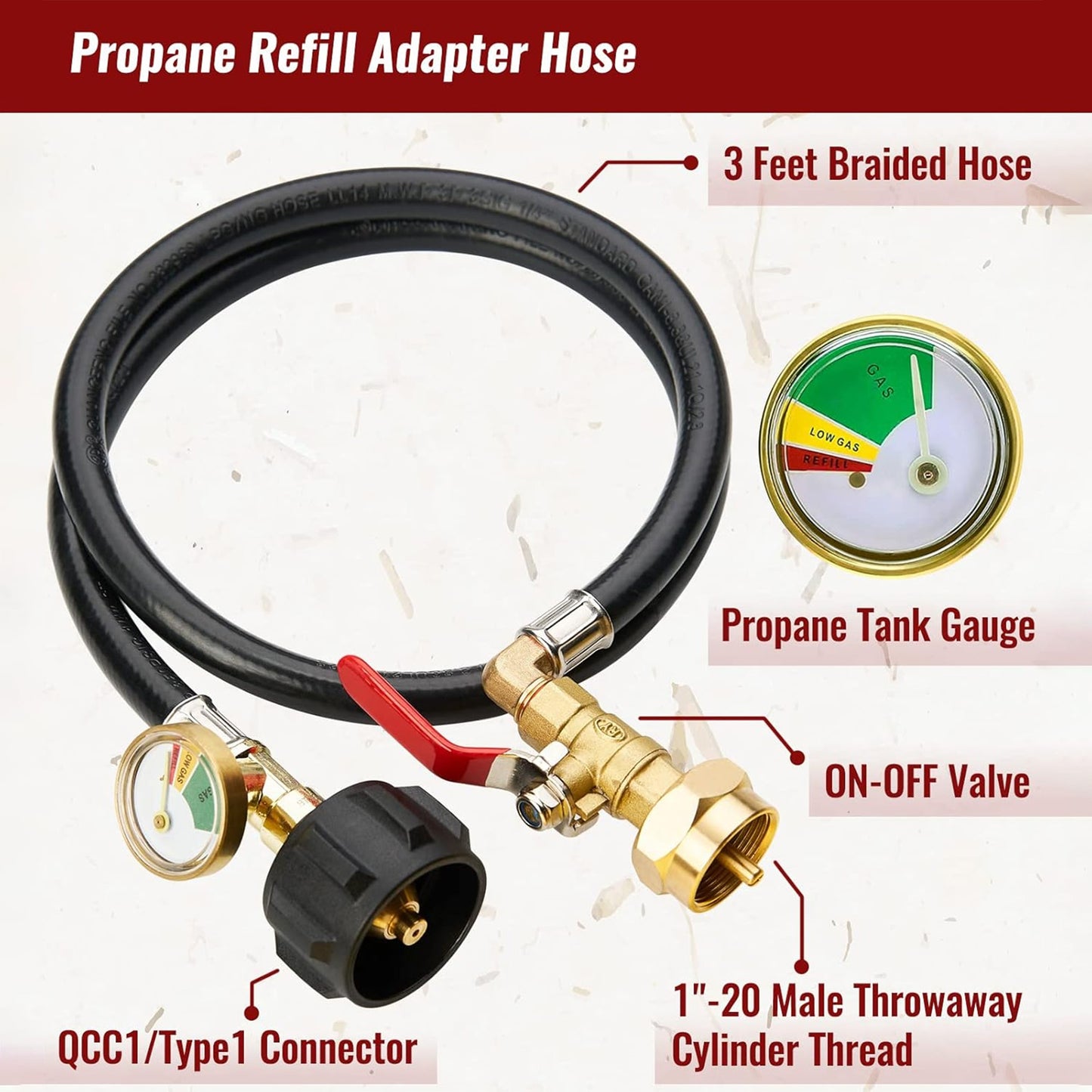 Propane Refill Adapter for 1 lb. Tanks, 3FT Hose with Pressure Gauge & Valve