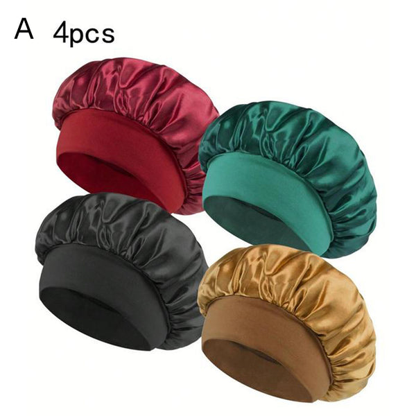 4Pcs Satin Bonnet Silk Bonnet, Hair Bonnet for Sleeping, Elastic Wide Band Silk Sleep Cap, Soft and Breathable