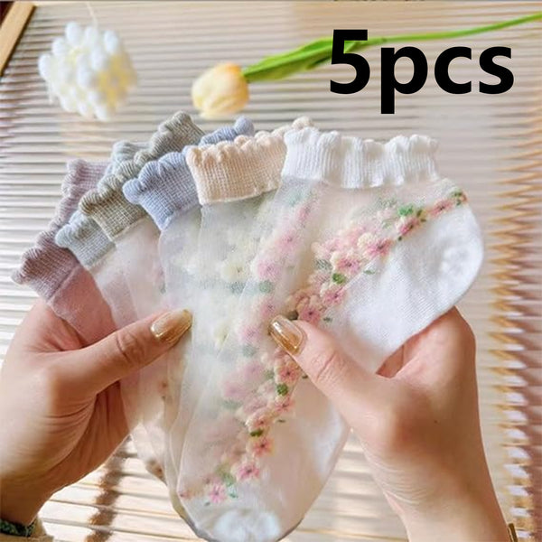 5PCS Summer Lace & Crystal No-Show Socks