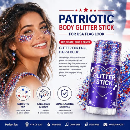 2PCS 4th of July Patriotic America Flag Star Face Body Glitter,Red White Blue Hair Glitter Stick