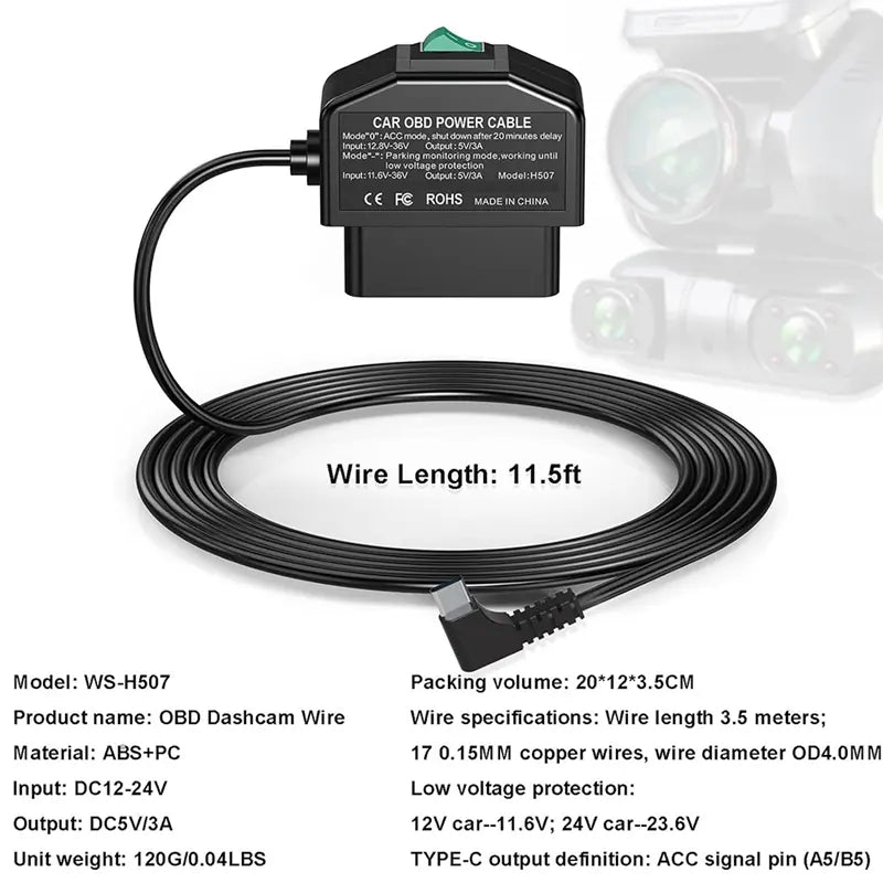 OBD2 Power Cable for Dash Camera
