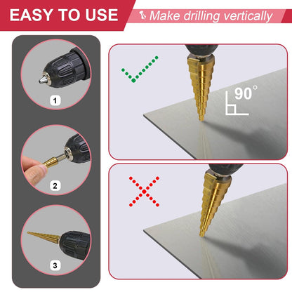 3-Piece Step Drill Bit Set, 1/4" Hex Shank Quick Change High Speed Steel Titanium Coated Drill Bits for Plastic