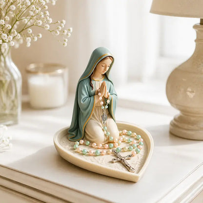 Virgin Mary Rosary Holder, White Resin Catholic Rosary Box with Cross Design for Home Altar