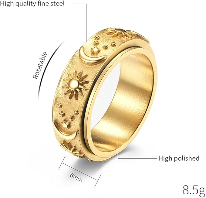 8mm Titanium Stainless Fidget Spinner Ring: Moon Star Sun Carved