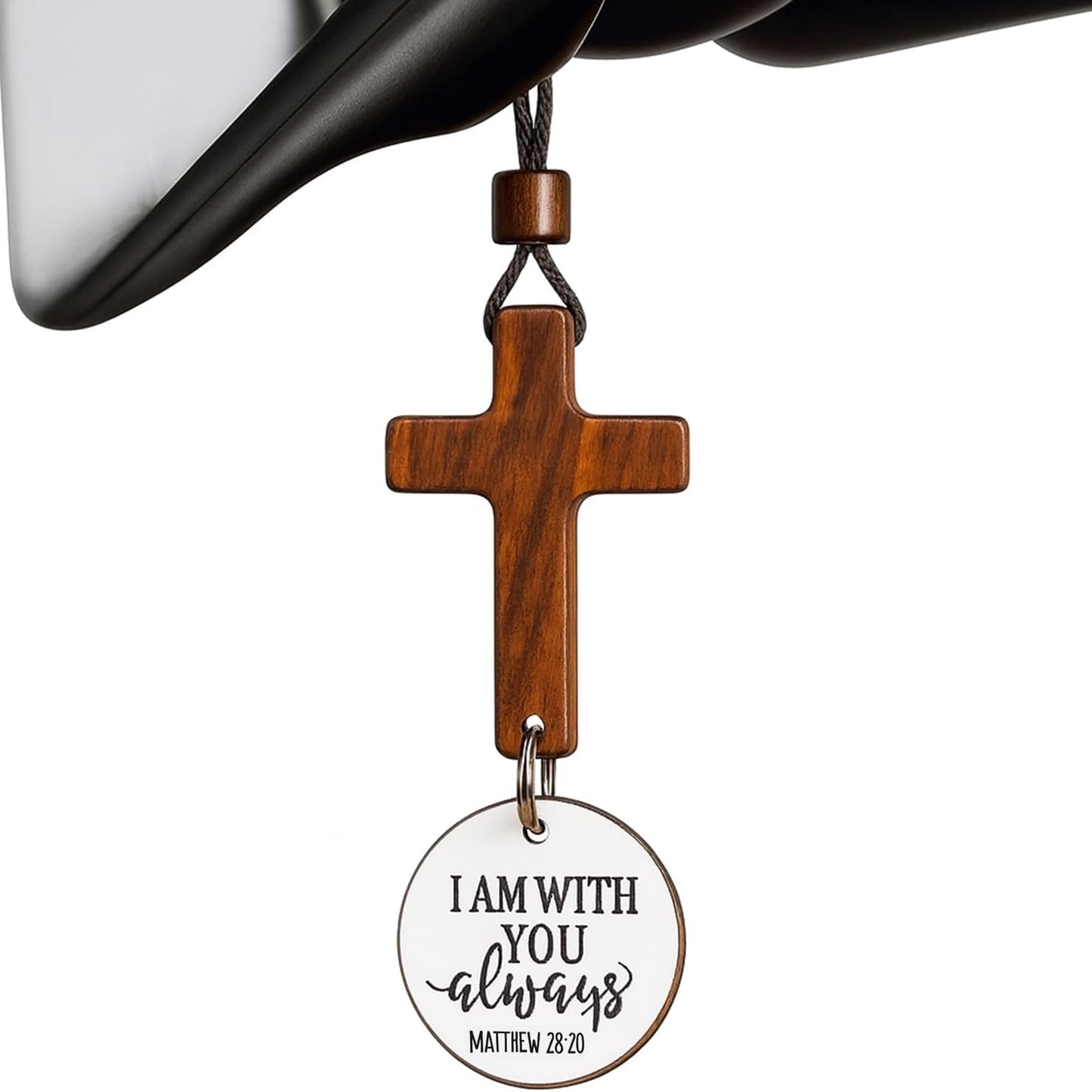 Daily Scripture Car Charm Hanging Cross for Car with “I Am with You Always” Medallion