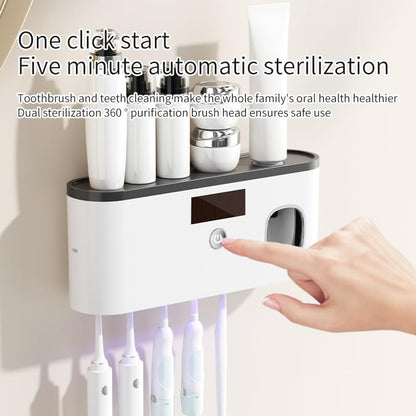 Toothbrush Holder Wall Mounted with Toothpaste Dispenser Bathroom Solar Charging and No Drilling Required Tooth Brush Holder with 5 Brush Slots
