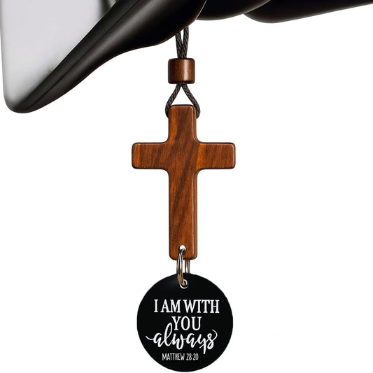 Daily Scripture Car Charm Hanging Cross for Car with “I Am with You Always” Medallion