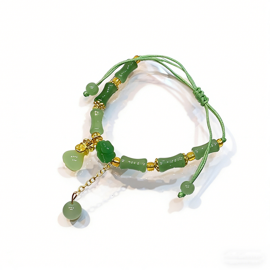 Bamboo Bracelet Jade Stones Lucky Money Bag Pendant Charm Stretch Beaded Bracelets