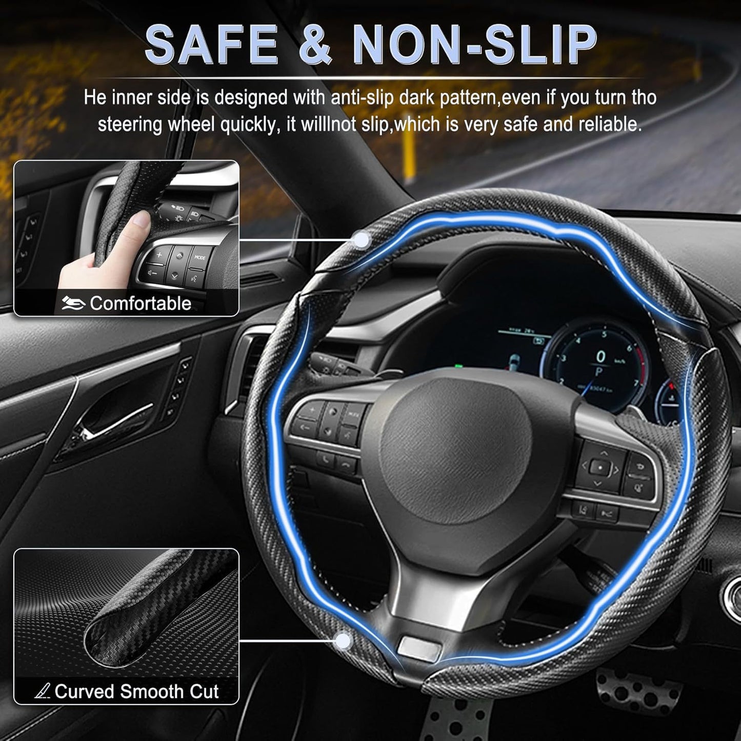 3pcs Universal Carbon Fiber Steering Wheel Cover - Anti-Slip & Segmented Design