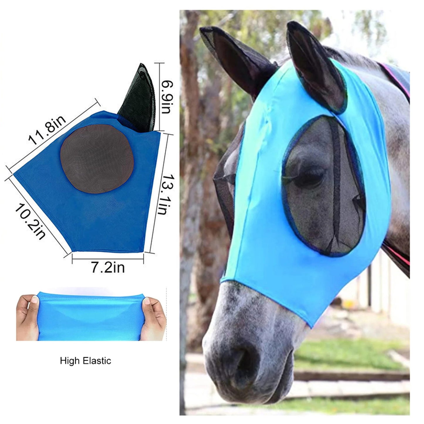 Horse Fly Mask with Ears – UV Protection & Comfort Fit, Breathable Lycra Full Size for Cob