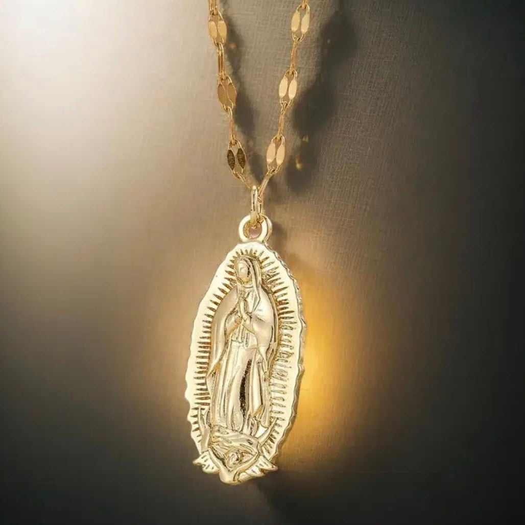 Guadalupe Virgin Mary Oval Pendant Necklace with Flat Figaro Chain