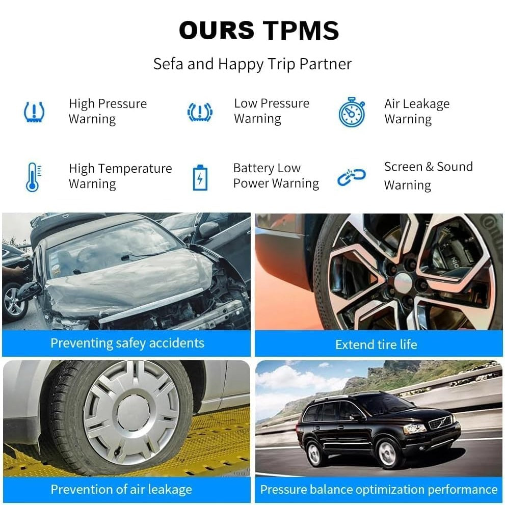 Tire Pressure Monitoring System with 4 Sensors Solar and USB Charging LCD Display