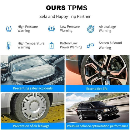 Tire Pressure Monitoring System with 4 Sensors Solar and USB Charging LCD Display