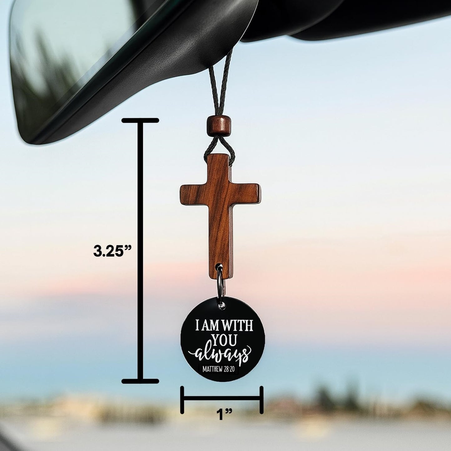 Daily Scripture Car Charm Hanging Cross for Car with “I Am with You Always” Medallion