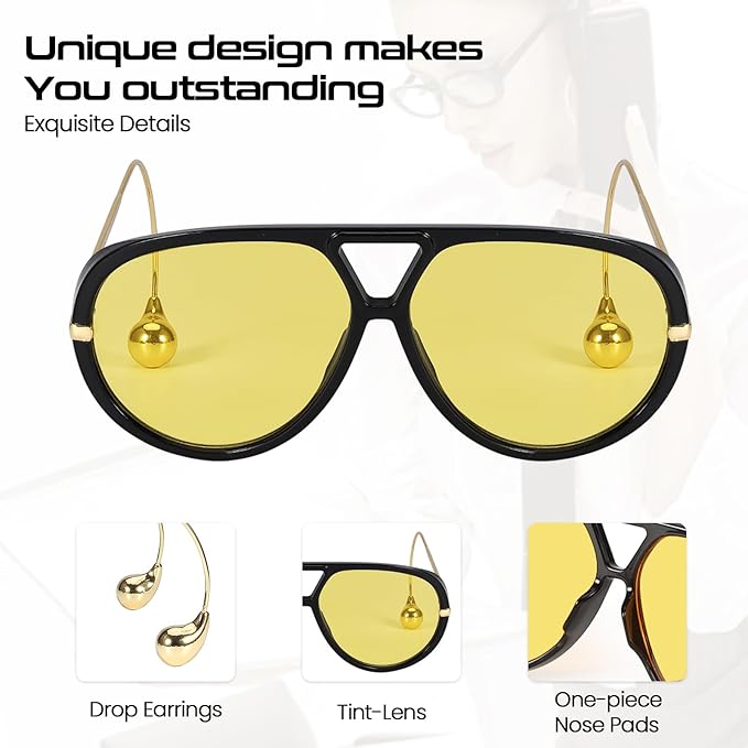 Oversized Aviator Sunglasses for Women With Earring Trendy Large Big Double Bridge